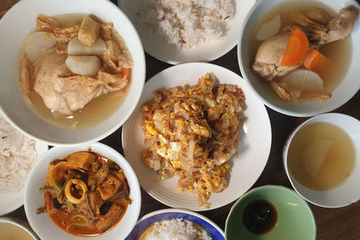 High angle view of meal served on table