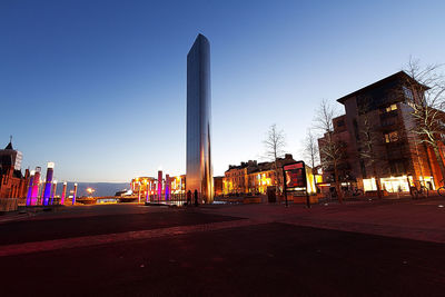 View of city buildings against clear sky