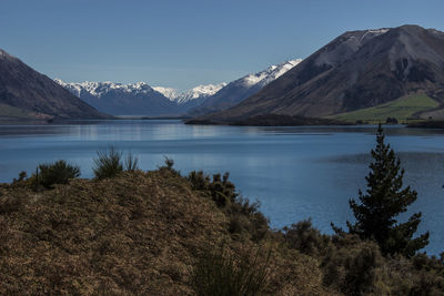 Scenic view of lake and mountains against sky