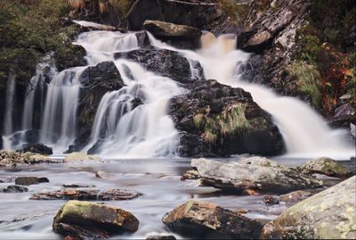 Scenic close-up view of waterfall in forest