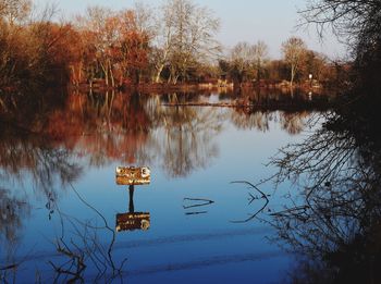 Reflection of trees in lake against sky