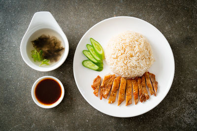 High angle view of food in plate on table