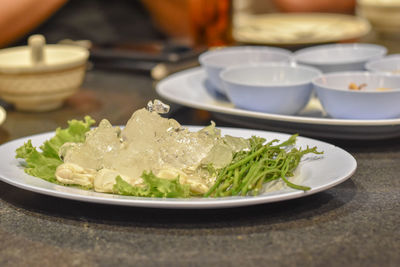 Close-up of meal served in plate on table