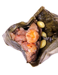 High angle view of meat on white background