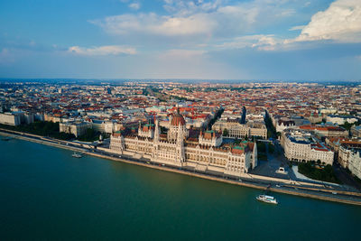 Aerial view of budapest, hungary. parliament building over danube river