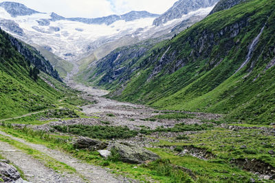 Scenic view of grassy landscape against snowcapped mountains