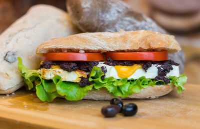 Close-up of burger on table