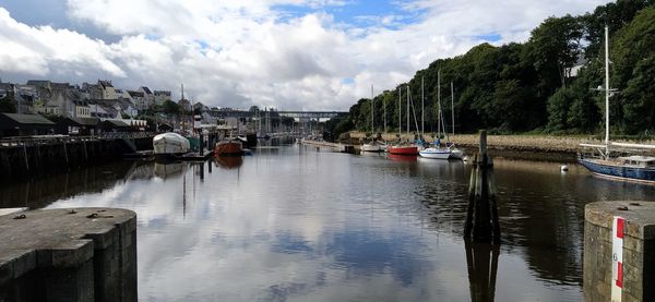 Boats in river with buildings in background