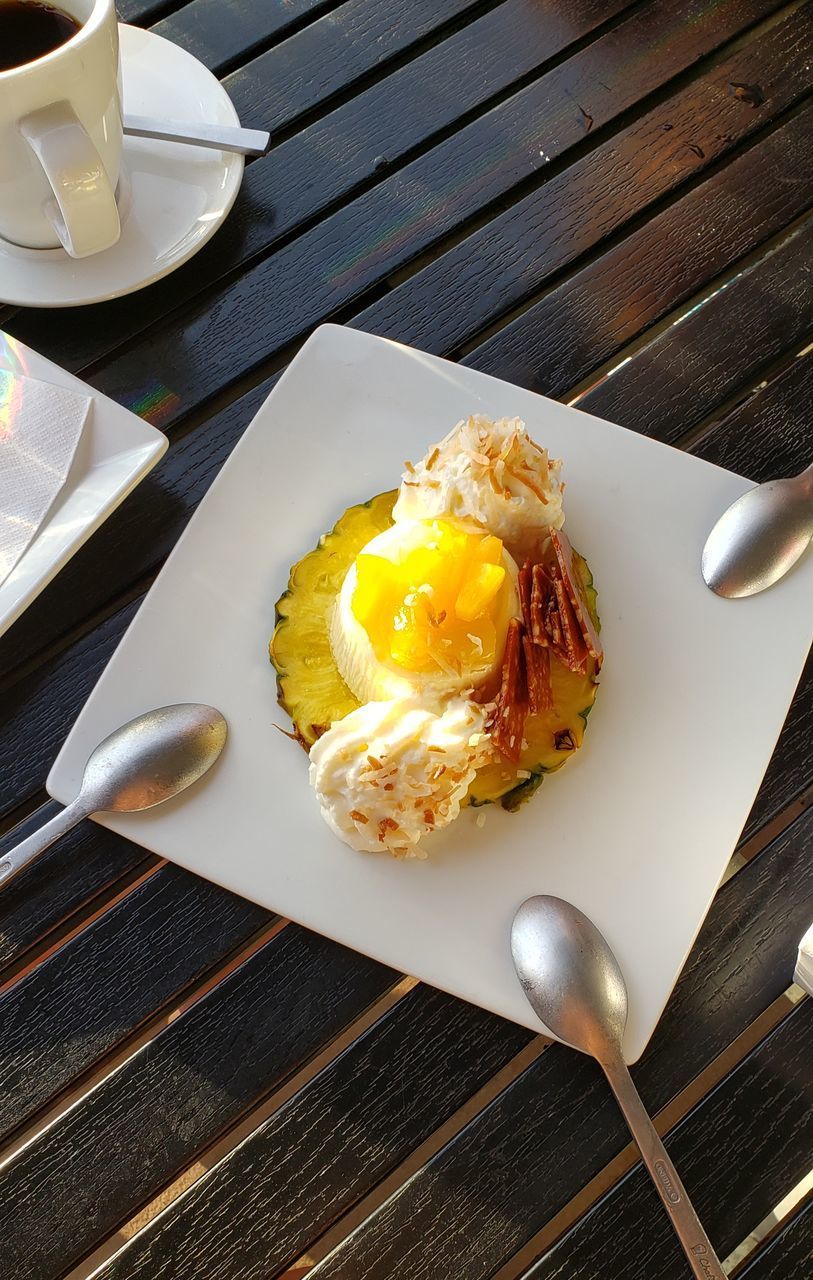 HIGH ANGLE VIEW OF BREAKFAST SERVED ON PLATE