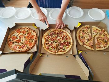 High angle view of food served on table