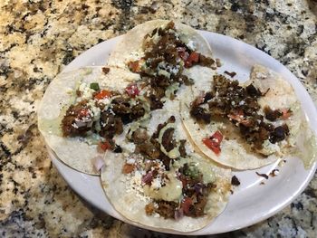 High angle view of food in plate on table