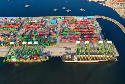 High angle view of city, new priok container terminal  