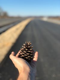 Close-up of man hand on road