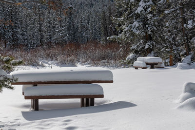 Empty bench on snow covered field during winter