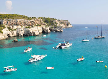 High angle view of boats in sea