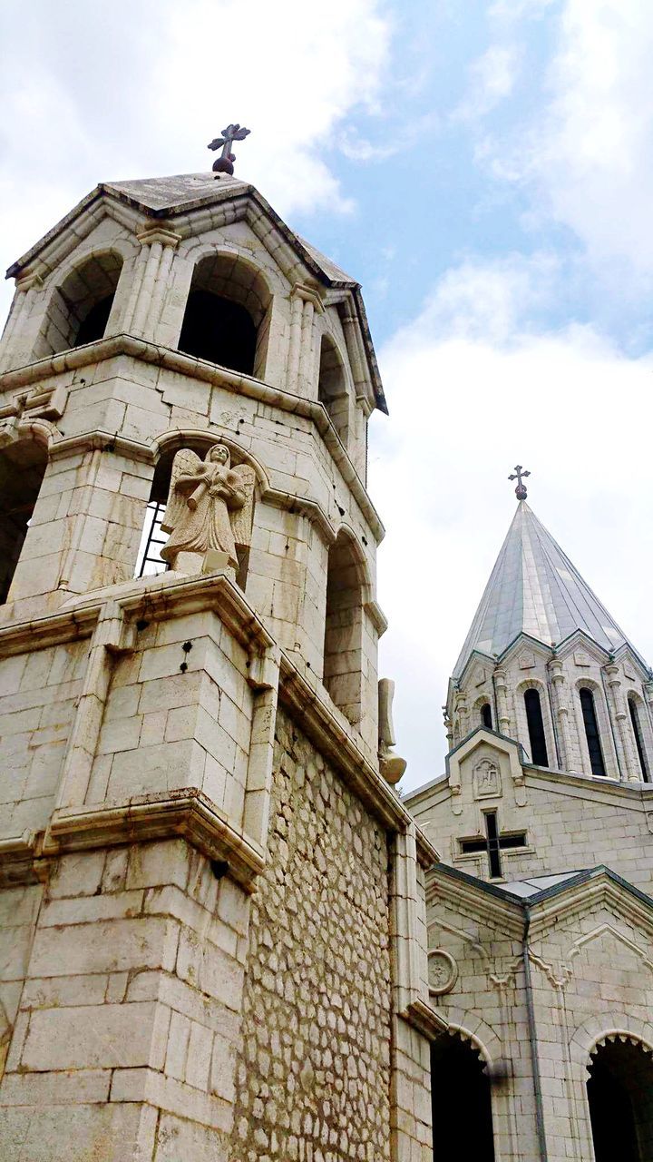 architecture, religion, spirituality, place of worship, built structure, building exterior, low angle view, history, cloud - sky, sky, outdoors, bell tower, no people, day, clock tower