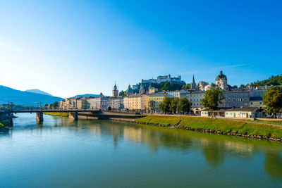 Bridge over river by buildings against blue sky