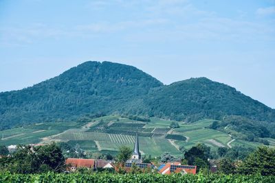 Scenic view of field by mountains against sky