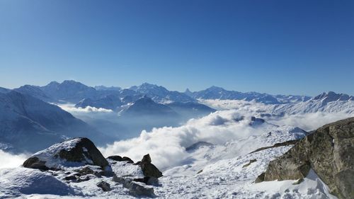 Scenic view of snowcapped mountains against clear blue sky