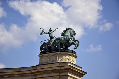 Fragments of sculptures of colonnade of famous heroes square in budapest. copy space.