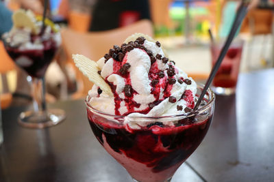 Close-up of ice cream on table