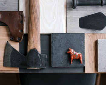 High angle view of work tools on table