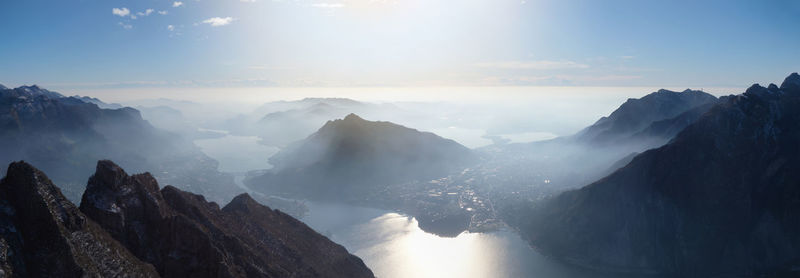 Aerial view of mountain range during morning