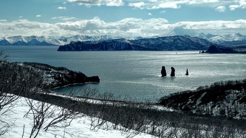 Scenic view of snowcapped mountains against sky