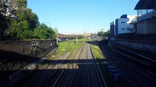 Railroad tracks against clear sky