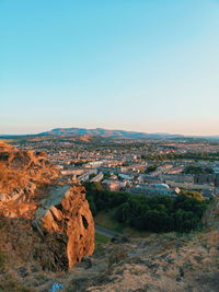 Aerial view of city against clear sky