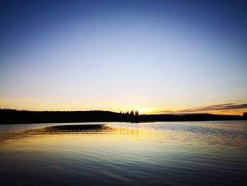 Scenic view of lake against clear sky during sunset