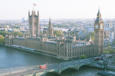 Aerial view of westminster palace and bridge with thames river in city