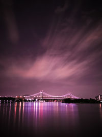 Illuminated bridge over river at night