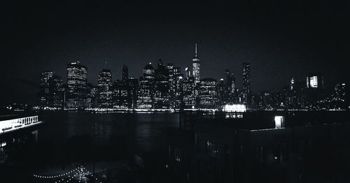 View of city lit up at night