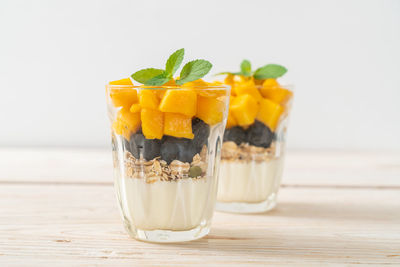 Close-up of dessert in glass on table