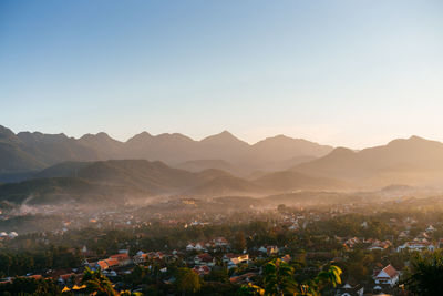 High angle shot of townscape against clear sky