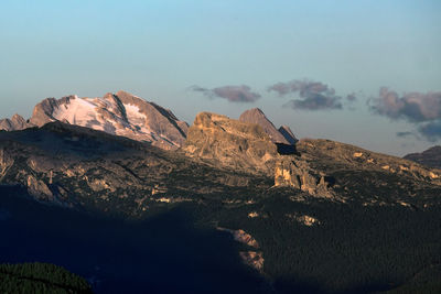 Marmolada punta penia peak dolomite in trentino alps at sunrise, italy