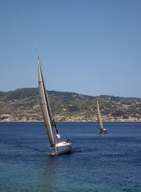 Sailboat sailing on sea against clear sky