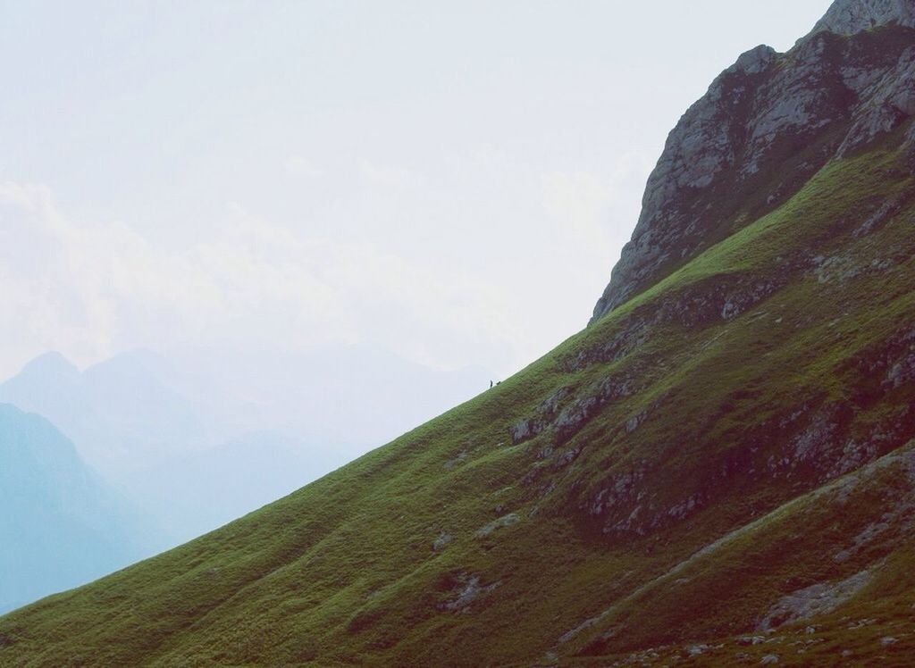 View of mountain slope covered with lichen against sky