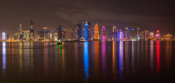 The panoramic skyline of doha, qatar after sunset