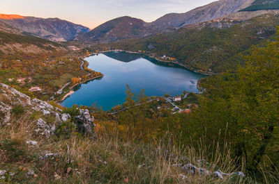 The heart lake in scanno abruzzo mountain lake shaped like a heart in autumn season at sunrise