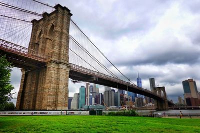 Low angle view of bridge against cloudy sky