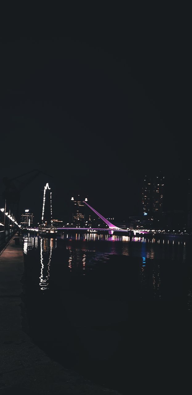 night, darkness, architecture, built structure, water, illuminated, bridge, city, light, copy space, no people, transportation, nature, sky, travel destinations, building exterior, reflection, river, outdoors, travel, suspension bridge, skyline, dusk, line