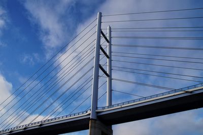 Low angle view of suspension bridge against cloudy sky