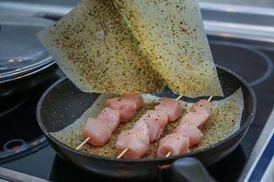 High angle view of meat in container