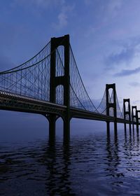 View of suspension bridge against cloudy sky