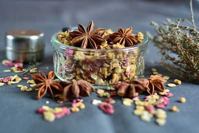 Close-up of christmas decorations on table