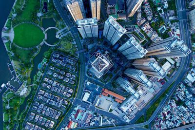High angle view of modern buildings in city