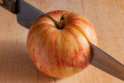 High angle view of apple on table