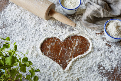 High angle view of heart shape cookies